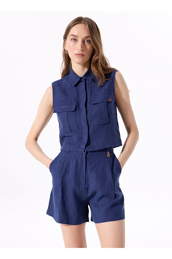 Lacivert Kadın Gömlek Relaxed %100 Keten Gömlek J5SL-GML7170