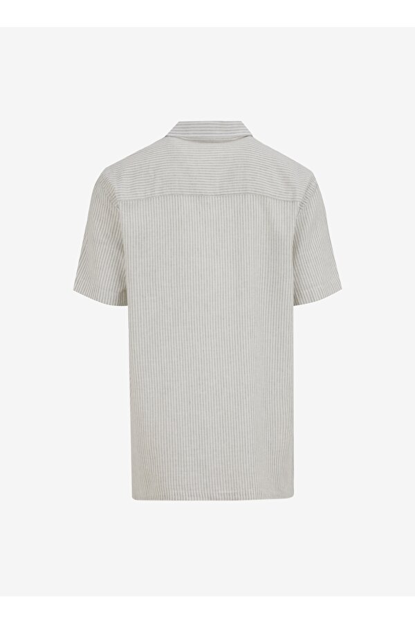 Ekru-Gri Erkek Apaş Relaxed Çizgili Keten Karışımlı Kısa Kollu Gömlek J5SM-GML7298