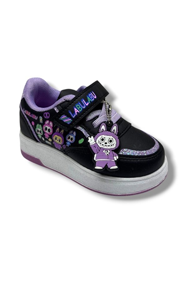 ProKids 4011-26 Cilt Deri Labubu Maskotlu Anatomik Kız Çocuk Sneaker Siyah Lila 26-30