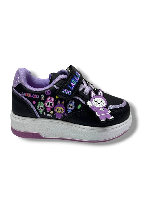 ProKids 4011-26 Cilt Deri Labubu Maskotlu Anatomik Kız Çocuk Sneaker Siyah Lila 26-30