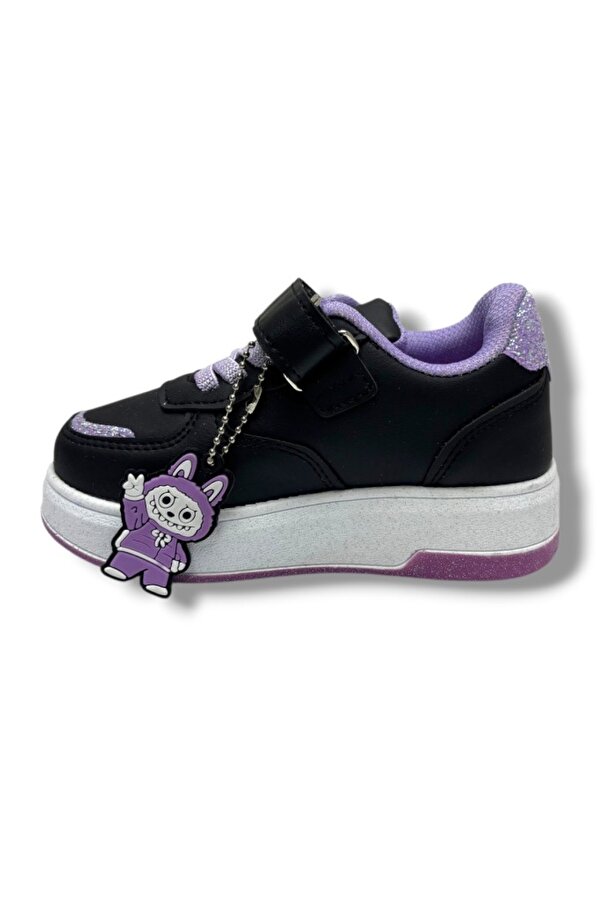 ProKids 4011-26 Cilt Deri Labubu Maskotlu Anatomik Kız Çocuk Sneaker Siyah Lila 26-30