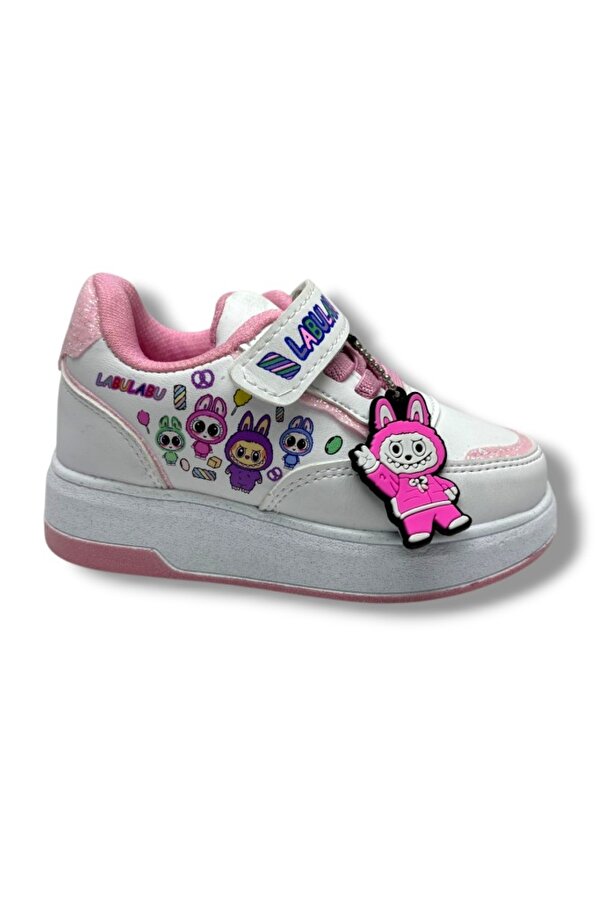 ProKids 4011-26 Cilt Deri Labubu Maskotlu Anatomik Kız Çocuk Sneaker Beyaz Pembe 26-30