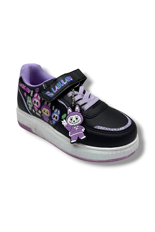 ProKids 4011-26 Cilt Deri Labubu Maskotlu Anatomik Kız Çocuk Sneaker Siyah Lila 31-35