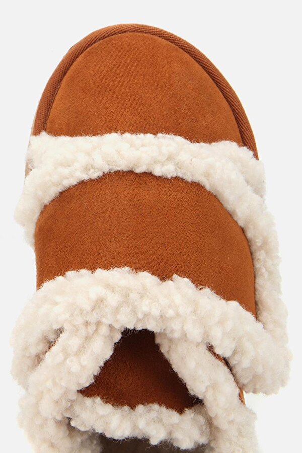 Kadın Süet Taba İçi Kürklü Yüksek Tabanlı Kalın Bantlı Düz Ayakkabı