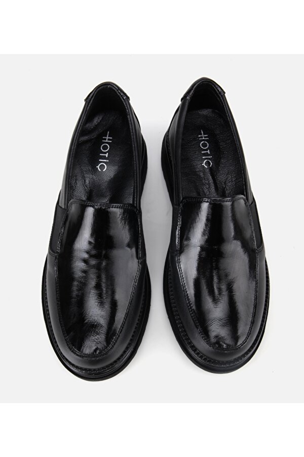 Kadın Deri Siyah Lastik Detaylı Dolgu Topuklu Günlük Loafer