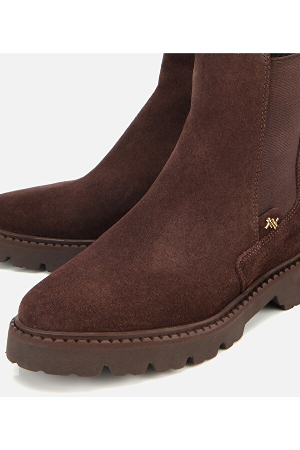 Kadın Süet Deri Kahverengi Lastik Detaylı Düz Bot