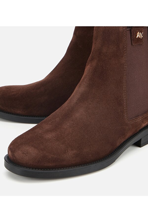 Kadın Süet Deri Kahverengi Lastik Detaylı Bilekte Düz Bot