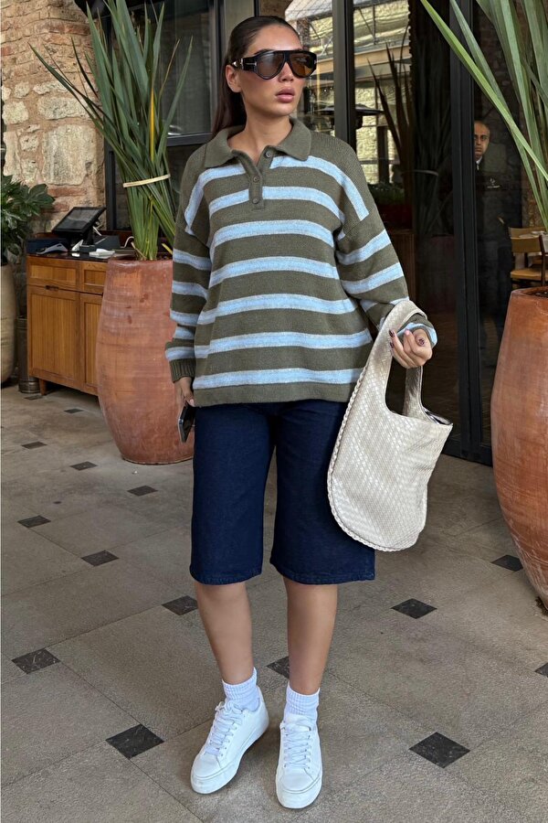 Haki Polo Yaka Çizgili Kadın Triko Kazak Mg2469