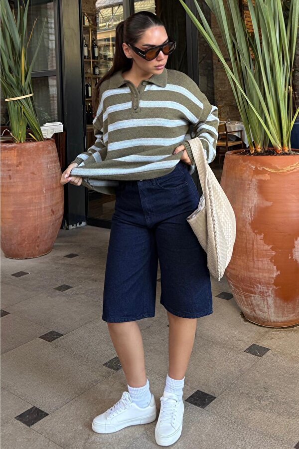 Haki Polo Yaka Çizgili Kadın Triko Kazak Mg2469