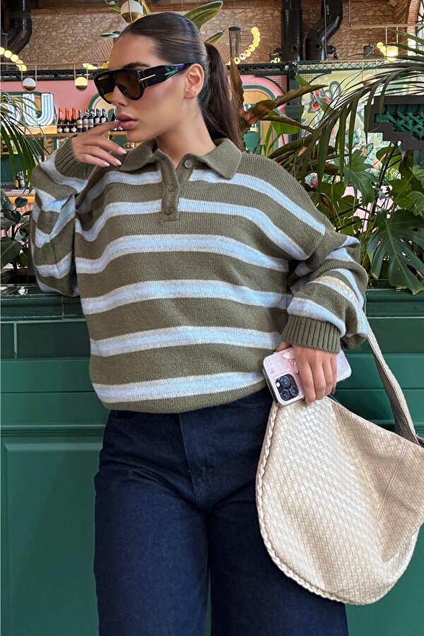 Haki Polo Yaka Çizgili Kadın Triko Kazak Mg2469