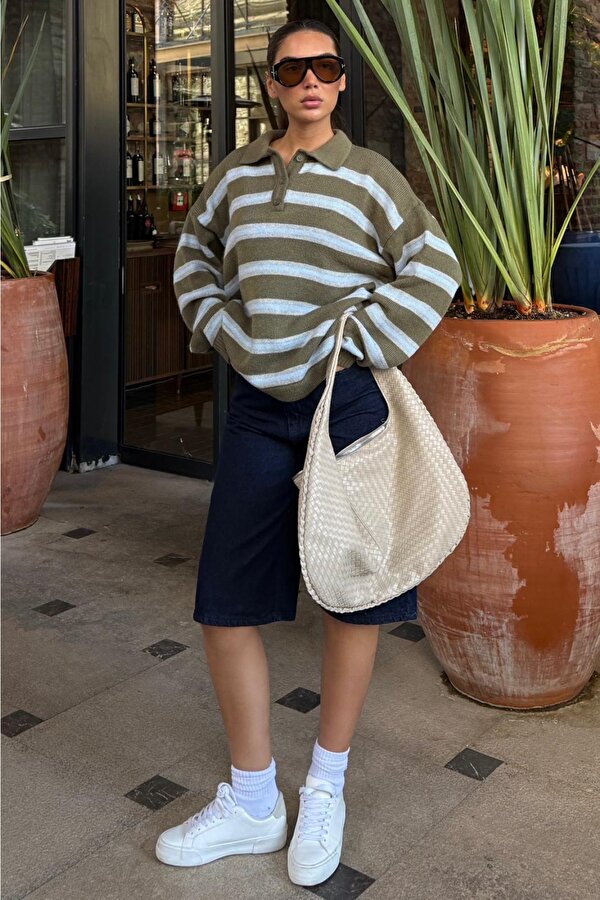 Haki Polo Yaka Çizgili Kadın Triko Kazak Mg2469