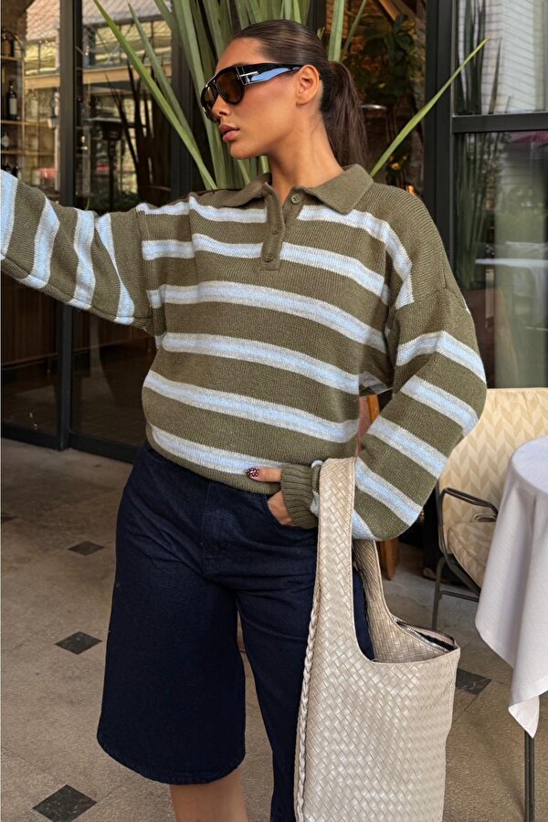 Haki Polo Yaka Çizgili Kadın Triko Kazak Mg2469