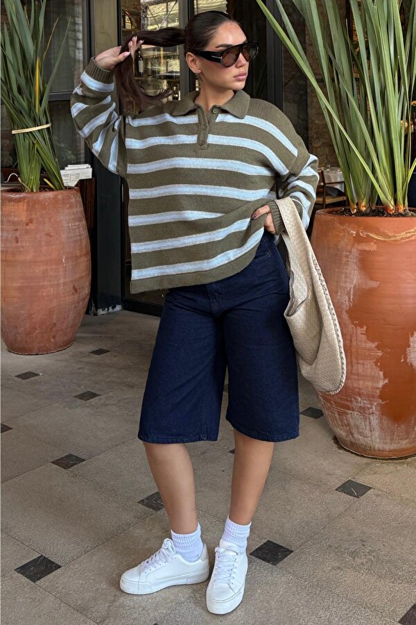 Haki Polo Yaka Çizgili Kadın Triko Kazak Mg2469