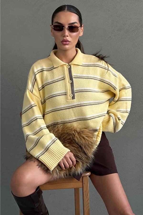 Sarı Çizgili Düğmeli Polo Yaka Kazak Mg2357