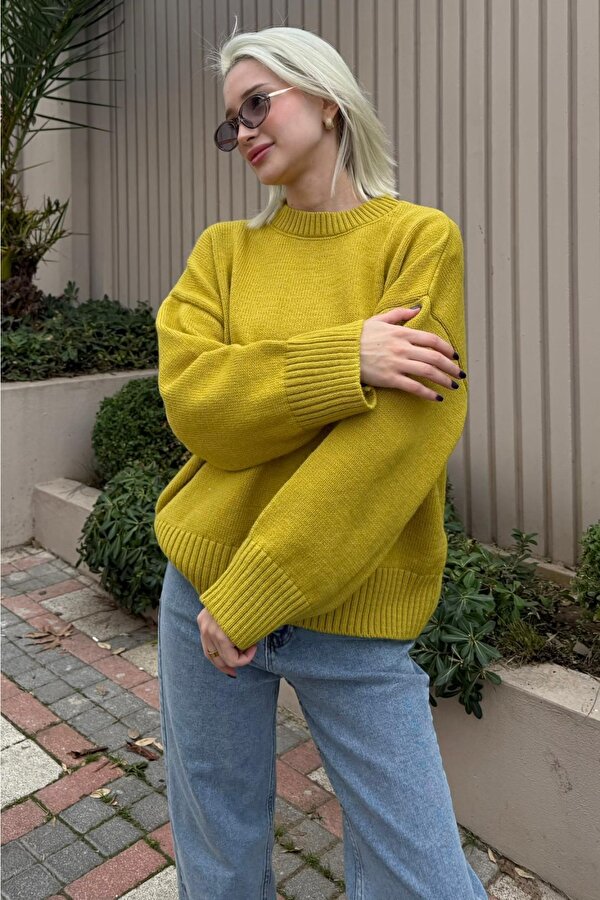 Yağ Yeşili Bisiklet Yaka Oversize Triko Kazak MG1972