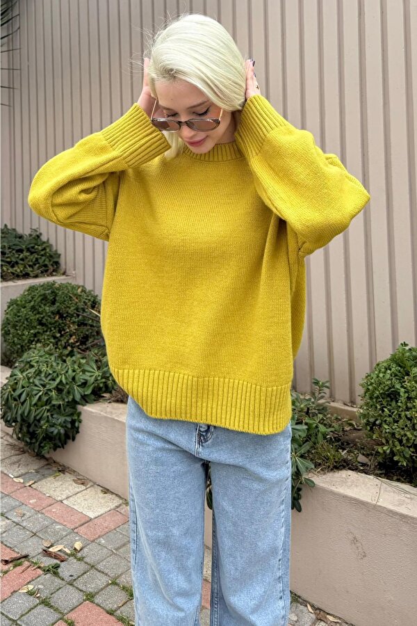 Yağ Yeşili Bisiklet Yaka Oversize Triko Kazak MG1972