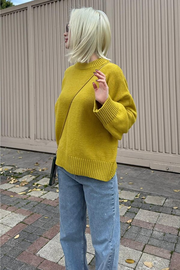 Yağ Yeşili Bisiklet Yaka Oversize Triko Kazak MG1972