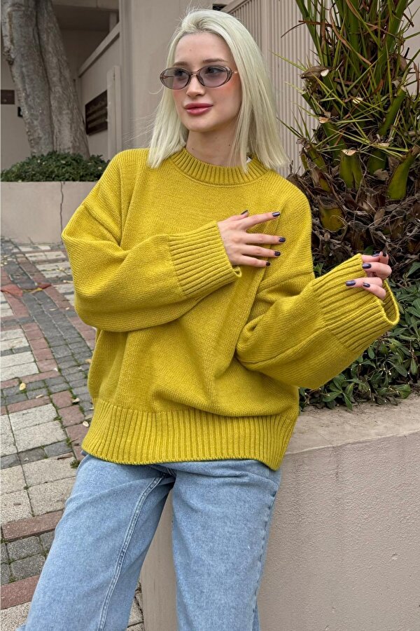 Yağ Yeşili Bisiklet Yaka Oversize Triko Kazak MG1972