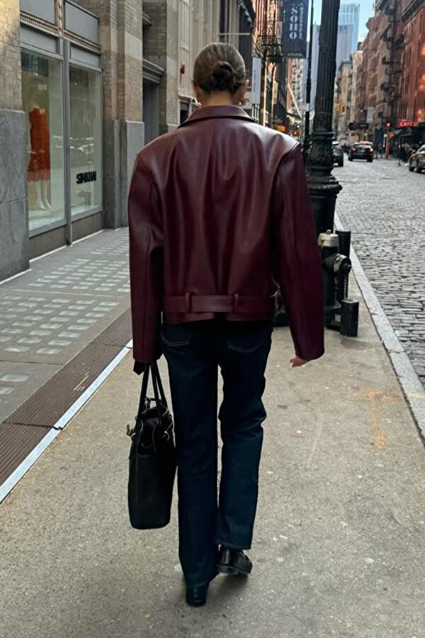 Bordo  Kemerli Suni Deri Kadın Ceket Mg2548