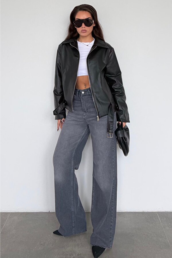 Siyah Kemerli Suni Deri Kadın Ceket Mg2548