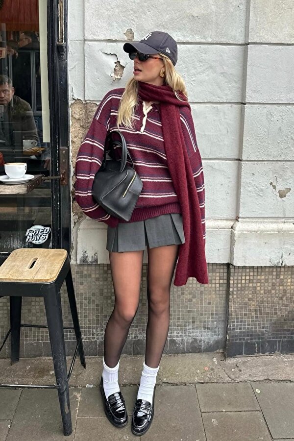 Bordo Çizgili Düğmeli Polo Yaka Kazak Mg2357