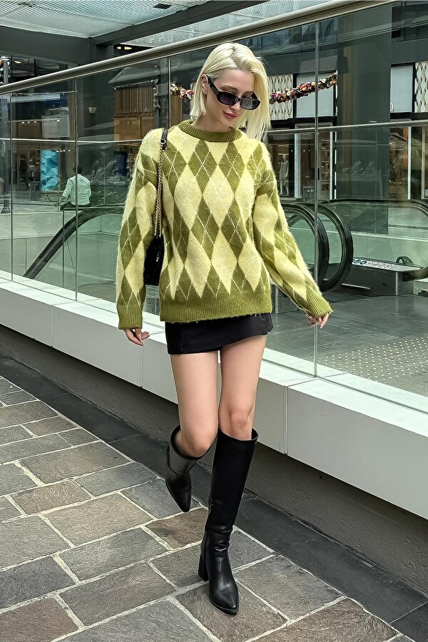 Yeşil Bisiklet Yaka Şardonlu Baklava Desenli Kazak Mg2493