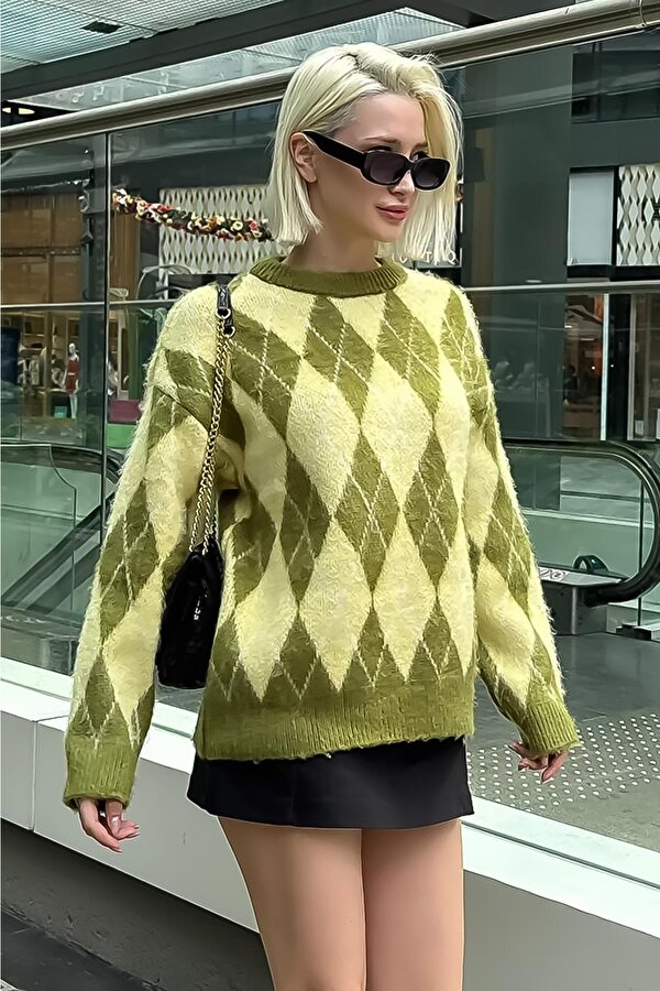 Yeşil Bisiklet Yaka Şardonlu Baklava Desenli Kazak Mg2493