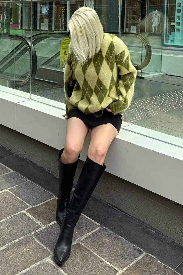 Yeşil Bisiklet Yaka Şardonlu Baklava Desenli Kazak Mg2493