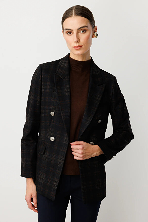 Kadın Ekoseli Kapak Cepli Ceket 5039 Kahverengi