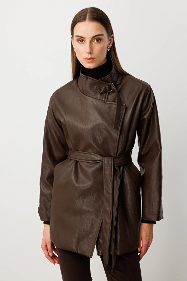 Kadın Beli Kuşaklı Deri Trenç 7903 Kahverengi