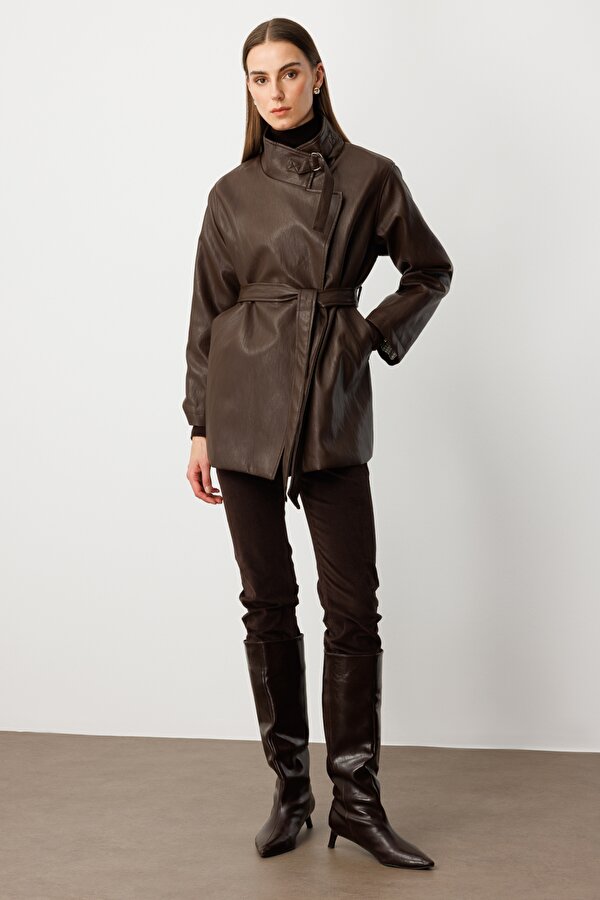 Kadın Beli Kuşaklı Deri Trenç 7903 Kahverengi