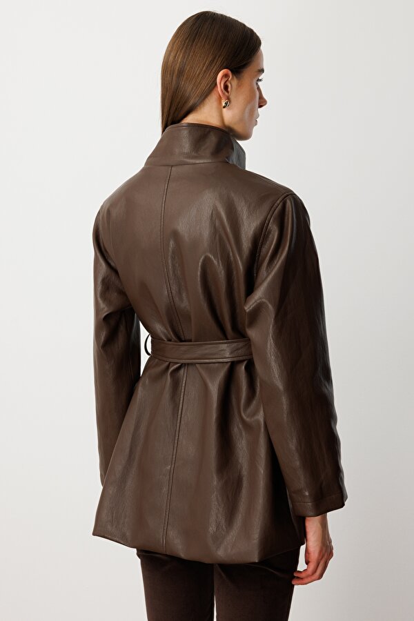 Kadın Beli Kuşaklı Deri Trenç 7903 Kahverengi