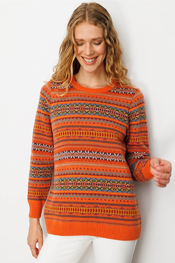 Kadın Sıfır Yaka Komple Jakarlı Yün Kazak 25100 Portakal