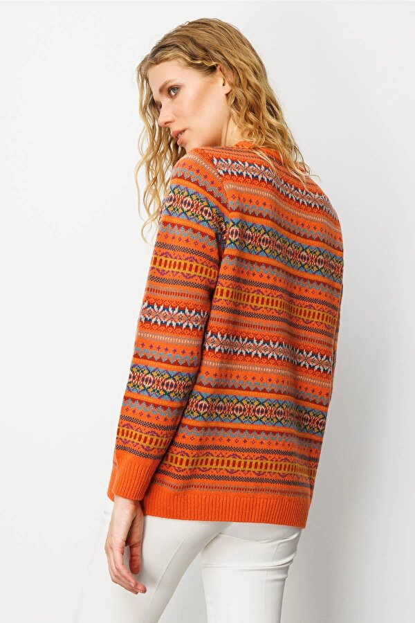Kadın Sıfır Yaka Komple Jakarlı Yün Kazak 25100 Portakal