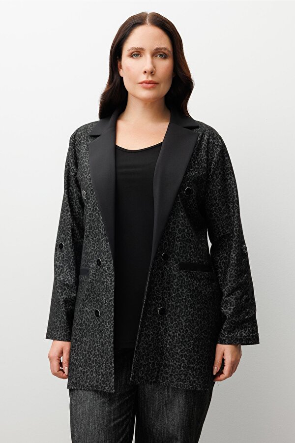Kadın Büyük Beden Salaş Takma Kol Leopar Ceket 0336 Siyah