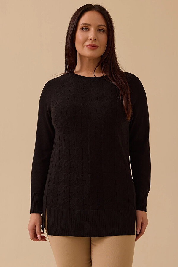 Galaxi Kadın Büyük Beden Örgü Desenli Triko 4011 Siyah