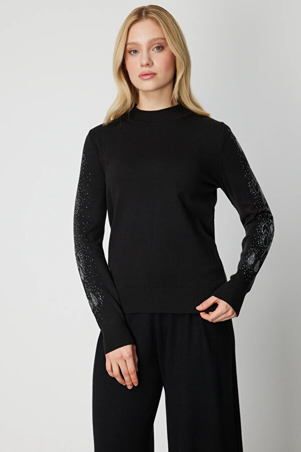 Kadın Kolları Taş İşlemeli Triko Kazak 66345 Siyah