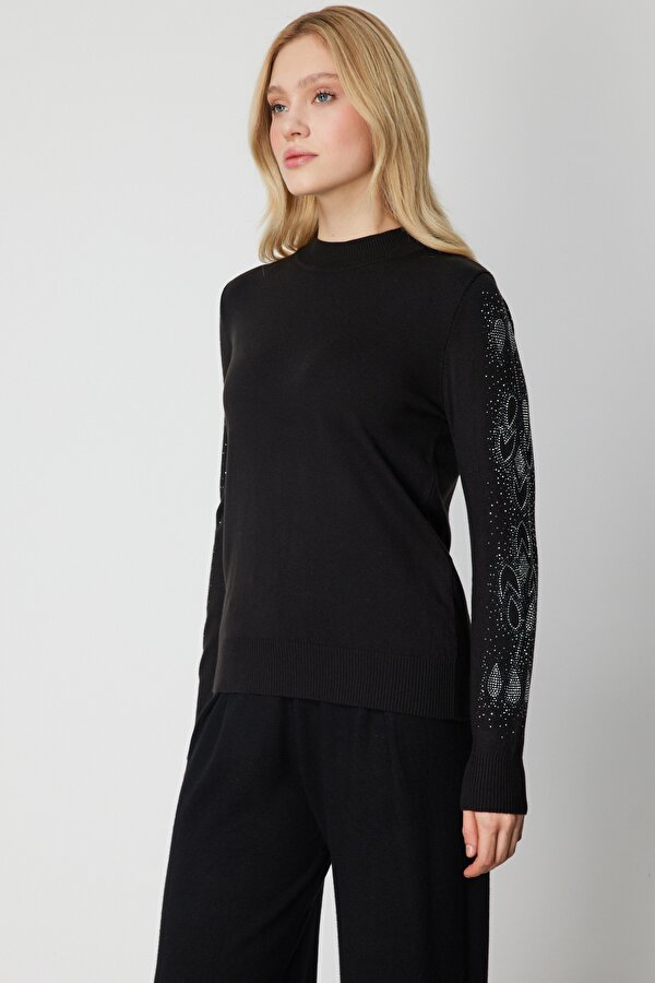 Kadın Kolları Taş İşlemeli Triko Kazak 66345 Siyah