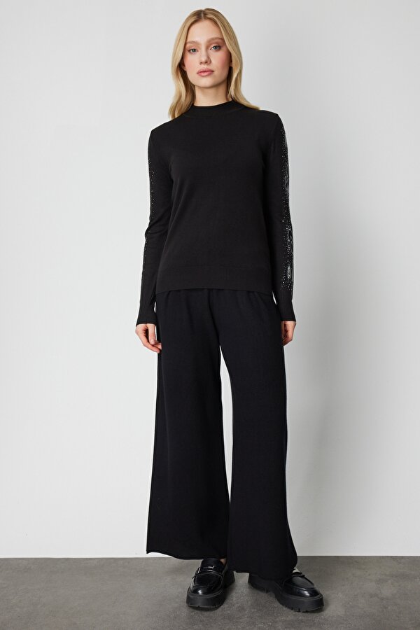 Kadın Kolları Taş İşlemeli Triko Kazak 66345 Siyah