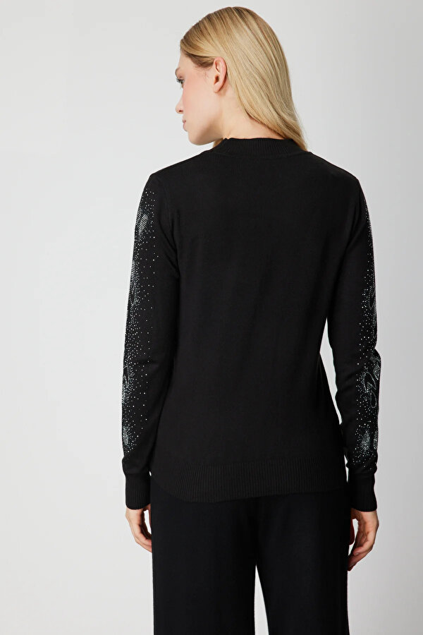 Kadın Kolları Taş İşlemeli Triko Kazak 66345 Siyah