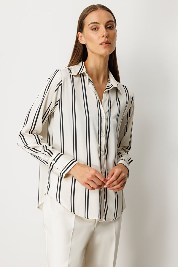 Kadın Çizgili Saten Gömlek 64300 Ekru-Siyah