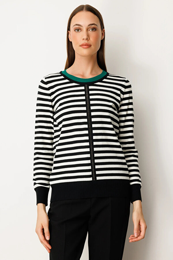 Kadın Taş Detaylı Çizgili Kazak 65370 Yeşil