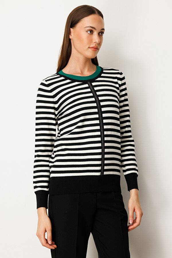 Kadın Taş Detaylı Çizgili Kazak 65370 Yeşil