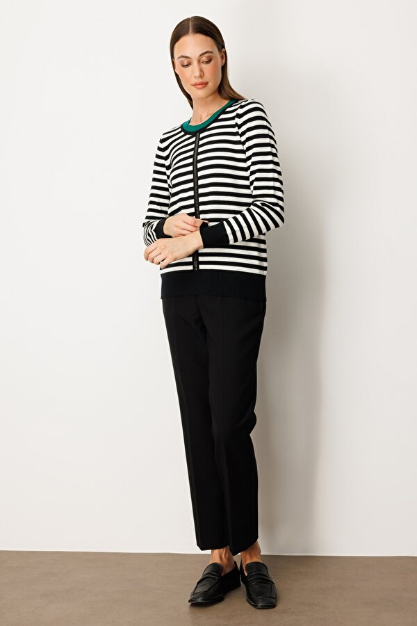 Kadın Taş Detaylı Çizgili Kazak 65370 Yeşil