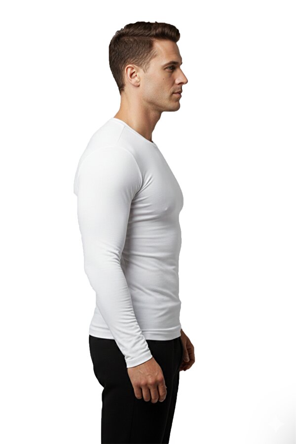 DeepSEA Beyaz Dar Kalıp Likralı %90 Pamuk Erkek Sweatshirt – Vücuda Oturan İnce Penye Sweat 2300423