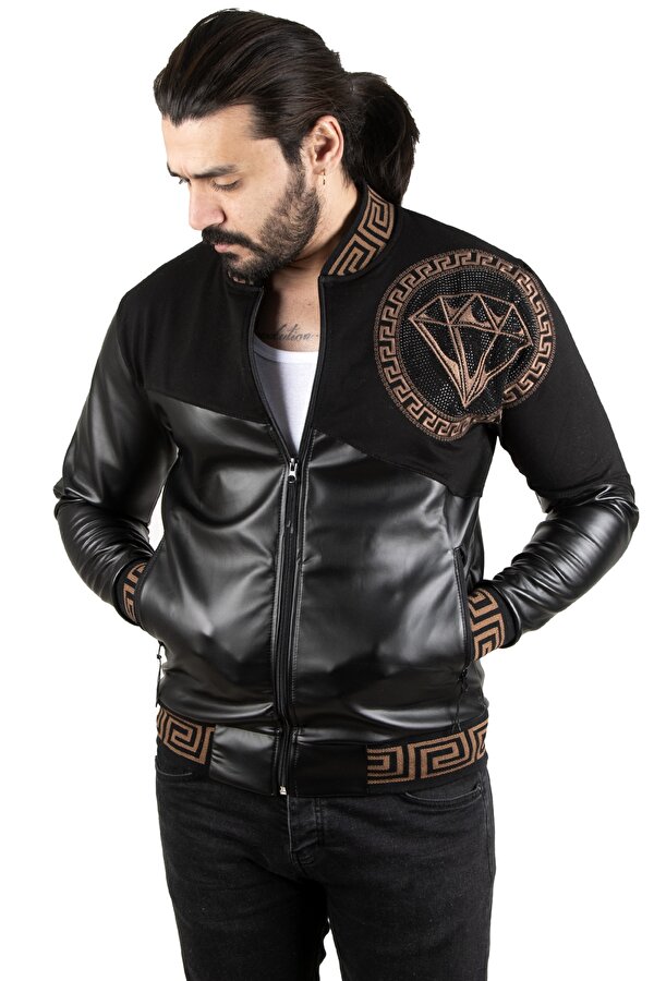 DeepSEA Siyah Taş İşlemeli Erkek Suni Deri Mont / Ceket – Kolej Yaka • Ribanalı • Şık & Sportif Ceket 2300403