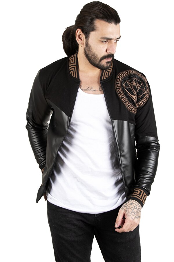 DeepSEA Siyah Taş İşlemeli Erkek Suni Deri Mont / Ceket – Kolej Yaka • Ribanalı • Şık & Sportif Ceket 2300403