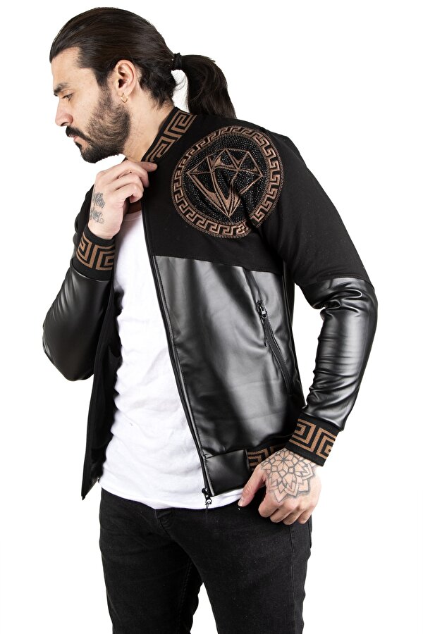 DeepSEA Siyah Taş İşlemeli Erkek Suni Deri Mont / Ceket – Kolej Yaka • Ribanalı • Şık & Sportif Ceket 2300403