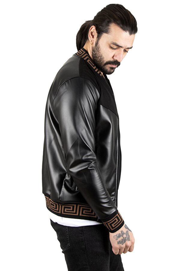DeepSEA Siyah Taş İşlemeli Erkek Suni Deri Mont / Ceket – Kolej Yaka • Ribanalı • Şık & Sportif Ceket 2300403