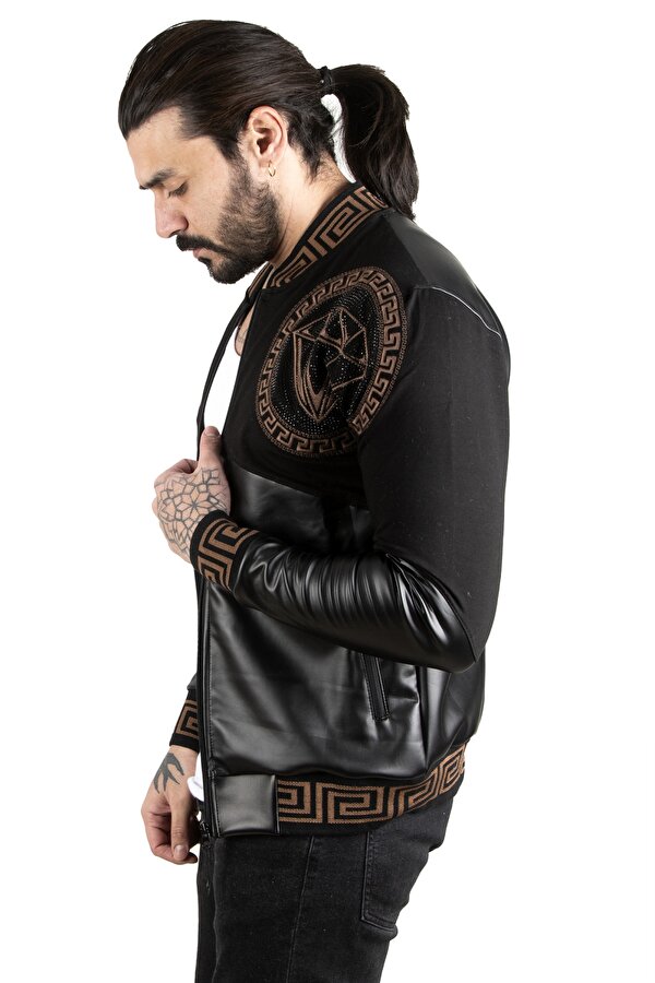 DeepSEA Siyah Taş İşlemeli Erkek Suni Deri Mont / Ceket – Kolej Yaka • Ribanalı • Şık & Sportif Ceket 2300403